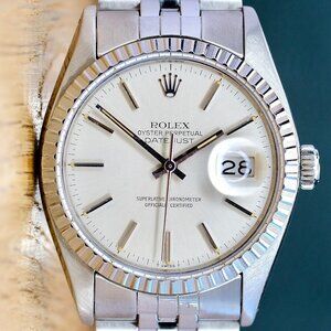 ROLEX DATEJUST SILVER INDEX DIAL STEEL ENGINE TURNED JUBILEE WATCH 36 MM 16030
